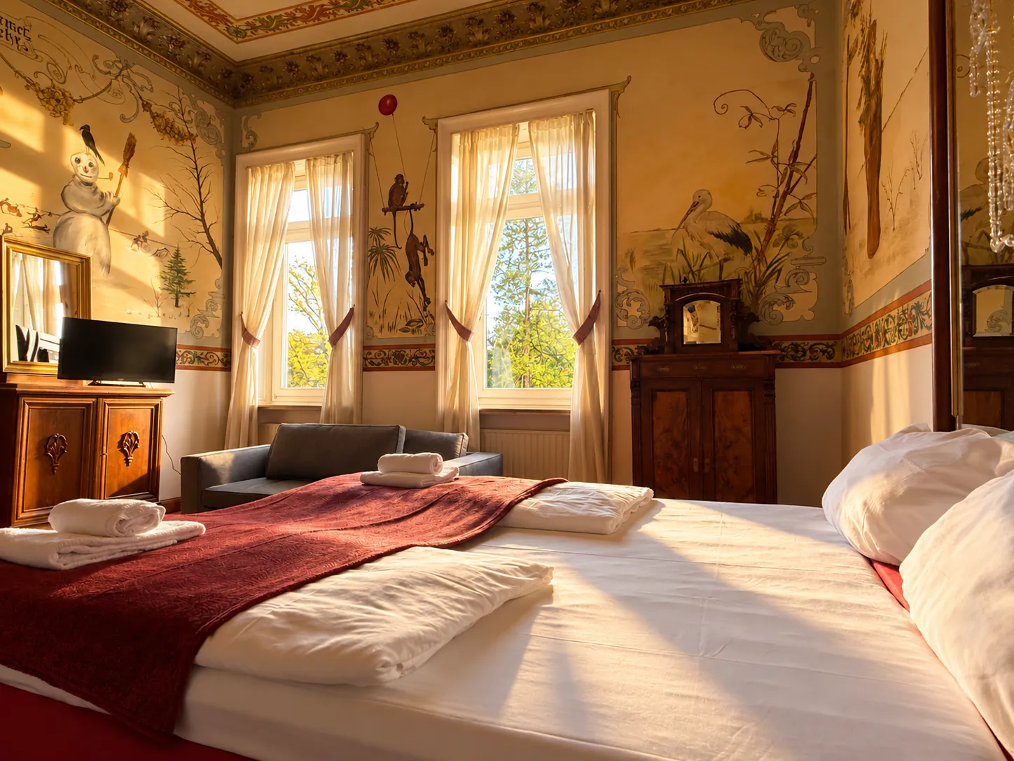 Bed with red throw, windows and murals