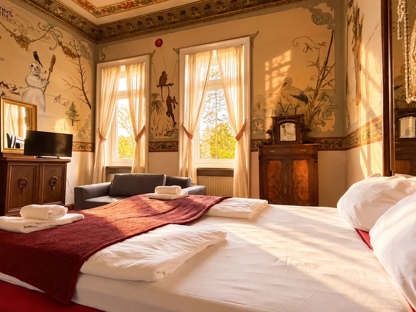 Bett vor Wandmalereien und hohen Fenstern