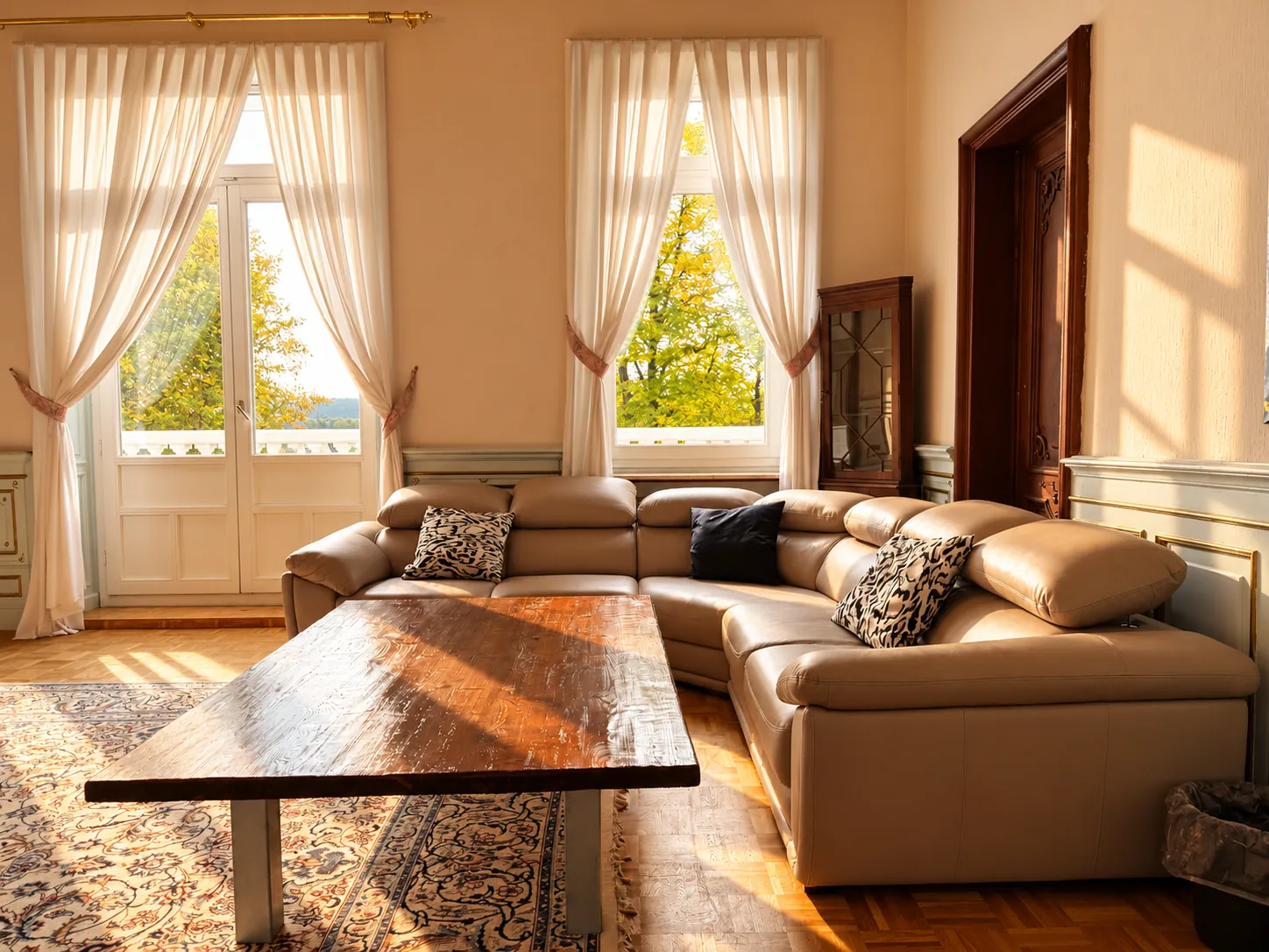 Wohnbereich mit Ledersofa und Couchtisch