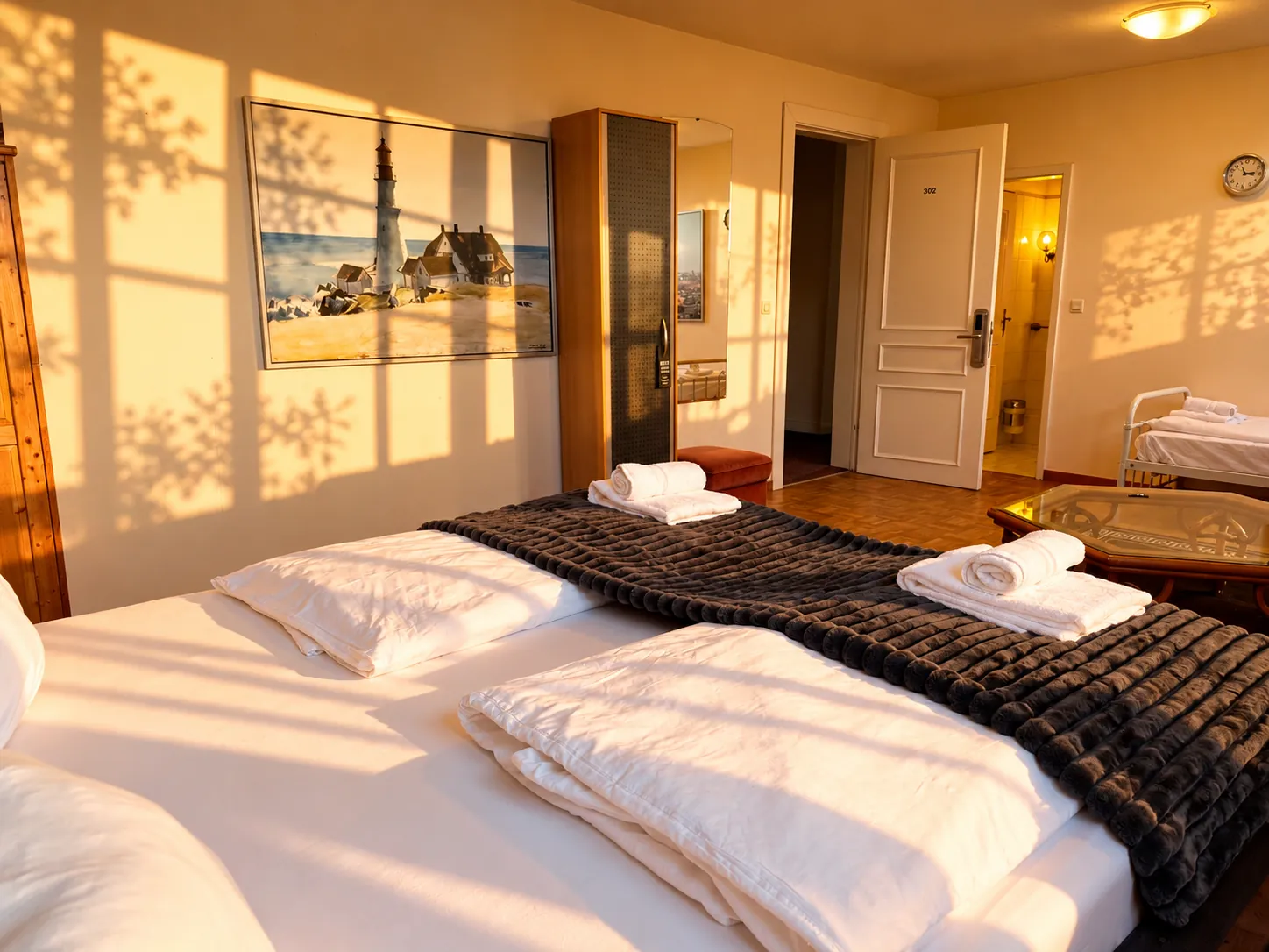 Two beds with fresh towels in the evening sun